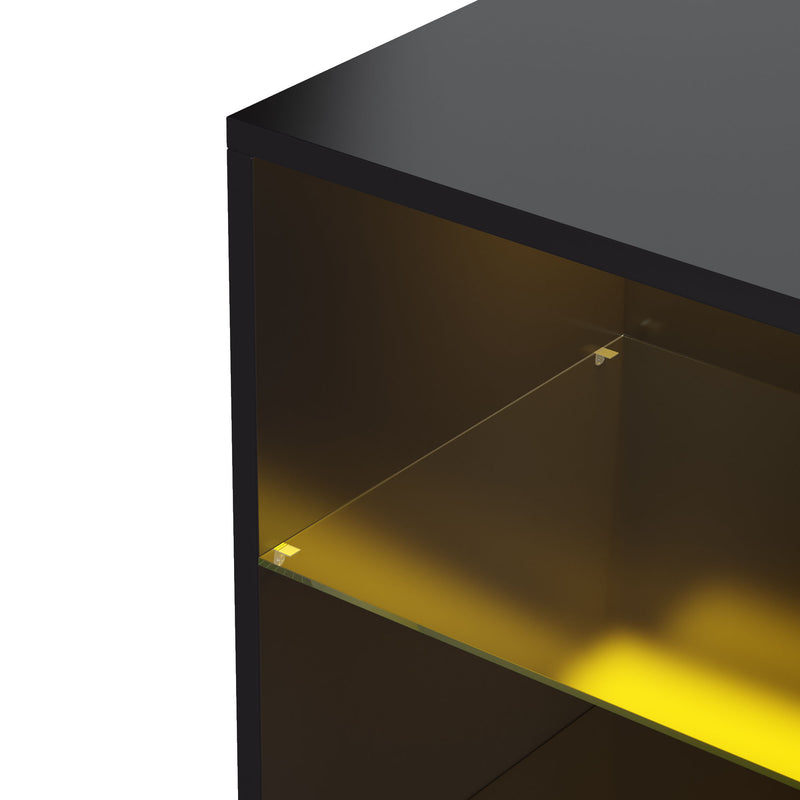 Buffet vitrine effet bois motif triangulaire tiroirs et étagères en verre avec LED 80*40*150cm GRIKKEK