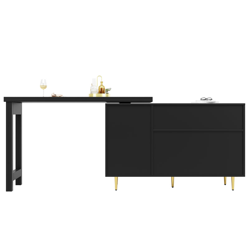 Table de salle à manger extensible rotative à 360° noir et meuble de rangement avec porte en rotin 107x40x71,4cm GRODRAK BLACK