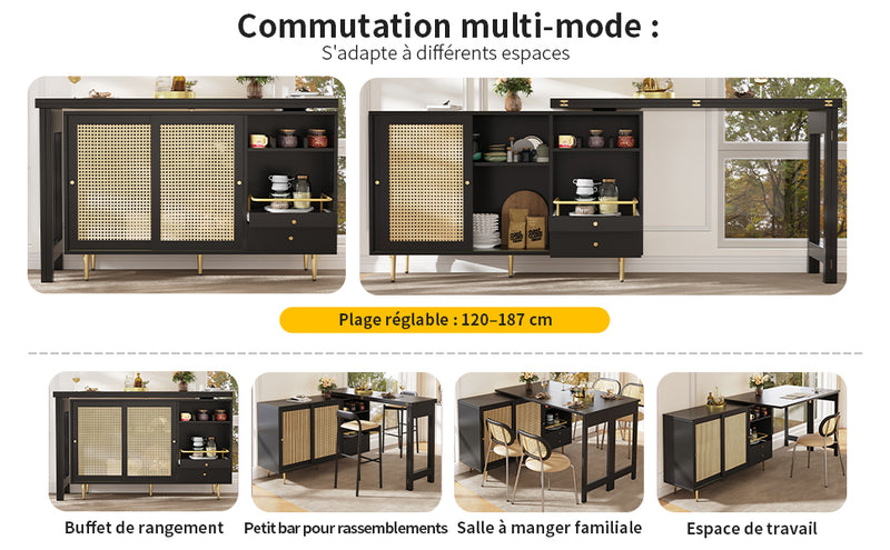 Table de salle à manger extensible rotative à 360° noir et meuble de rangement avec porte en rotin 107x40x71,4cm GRODRAK BLACK