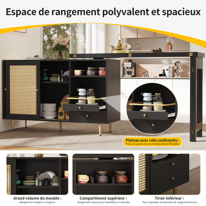 Table de salle à manger extensible rotative à 360° noir et meuble de rangement avec porte en rotin 107x40x71,4cm GRODRAK BLACK