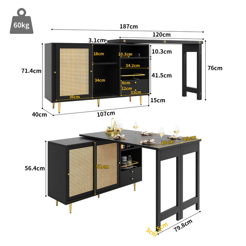 Table de salle à manger extensible rotative à 360° noir et meuble de rangement avec porte en rotin 107x40x71,4cm GRODRAK BLACK