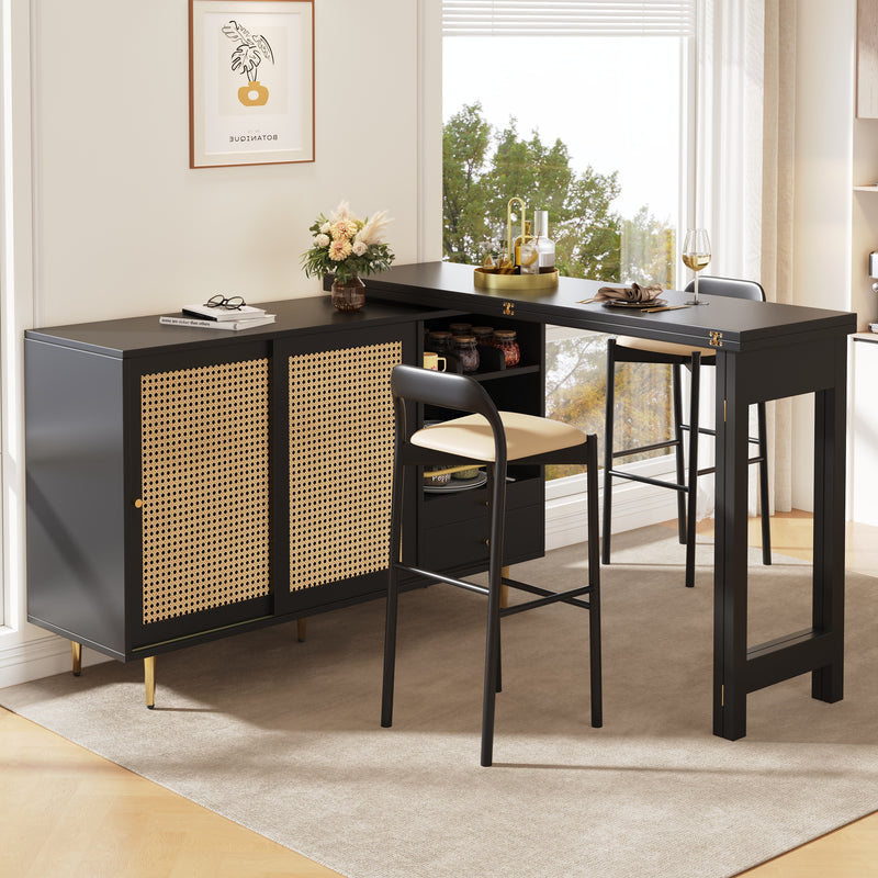 Table de salle à manger extensible rotative à 360° noir et meuble de rangement avec porte en rotin 107x40x71,4cm GRODRAK BLACK