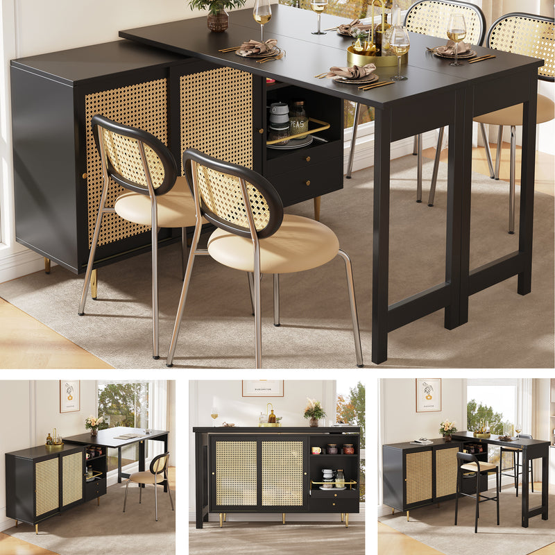 Table de salle à manger extensible rotative à 360° noir et meuble de rangement avec porte en rotin 107x40x71,4cm GRODRAK BLACK