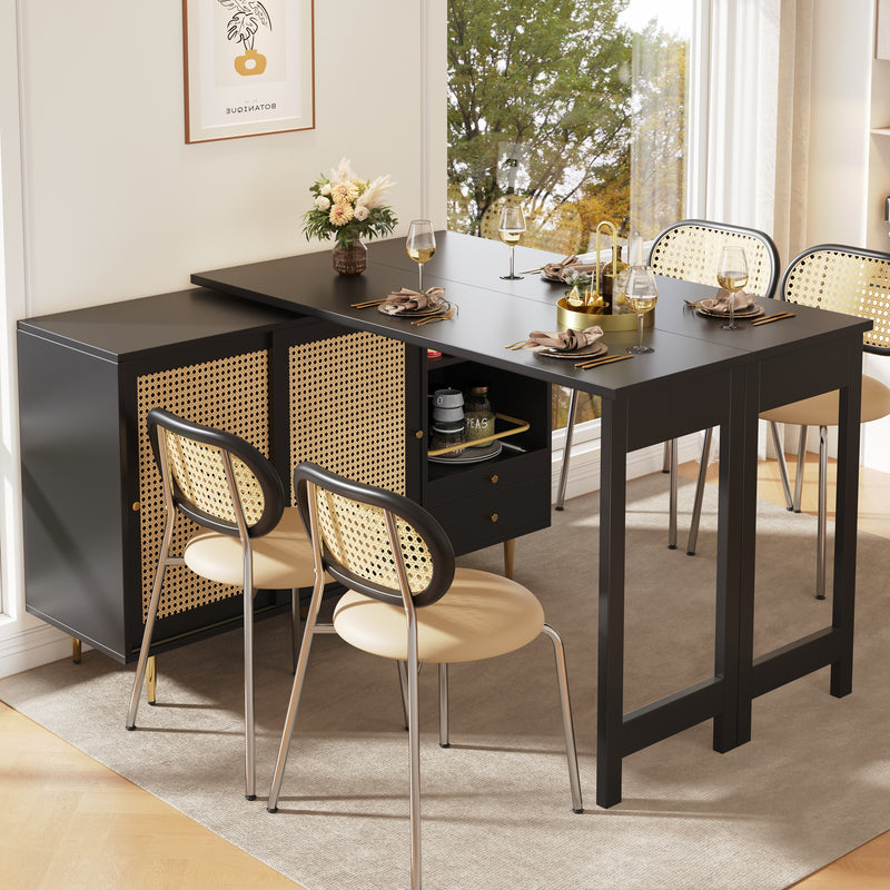 Table de salle à manger extensible rotative à 360° noir et meuble de rangement avec porte en rotin 107x40x71,4cm GRODRAK BLACK