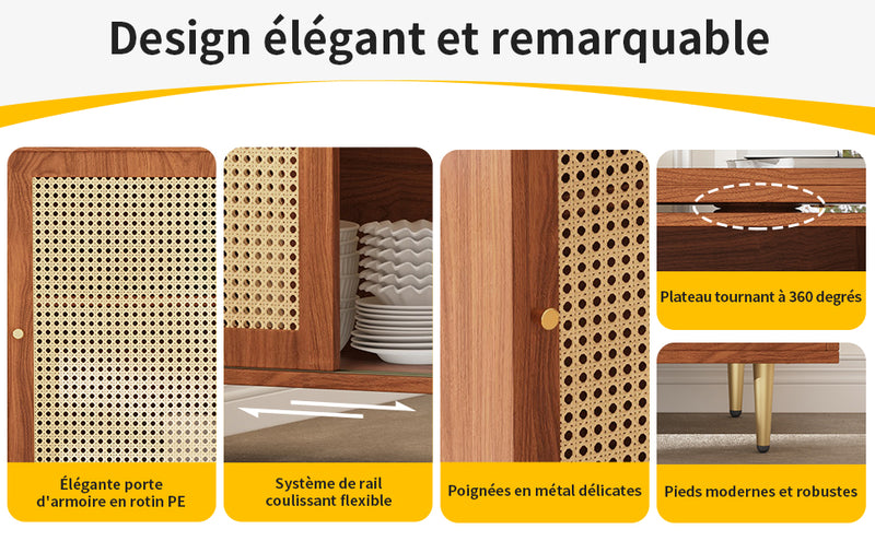 Table de salle à manger extensible rotative à 360° effet bois et meuble de rangement avec porte en rotin 107x40x71,4cm GRODRAK BROWN