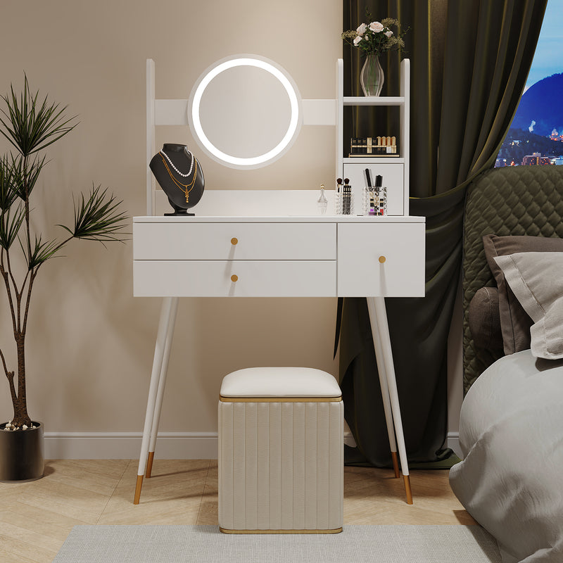 Coiffeuse blanche miroir LED luminosité réglable avec 3 tiroirs (sans chaises) GURKE