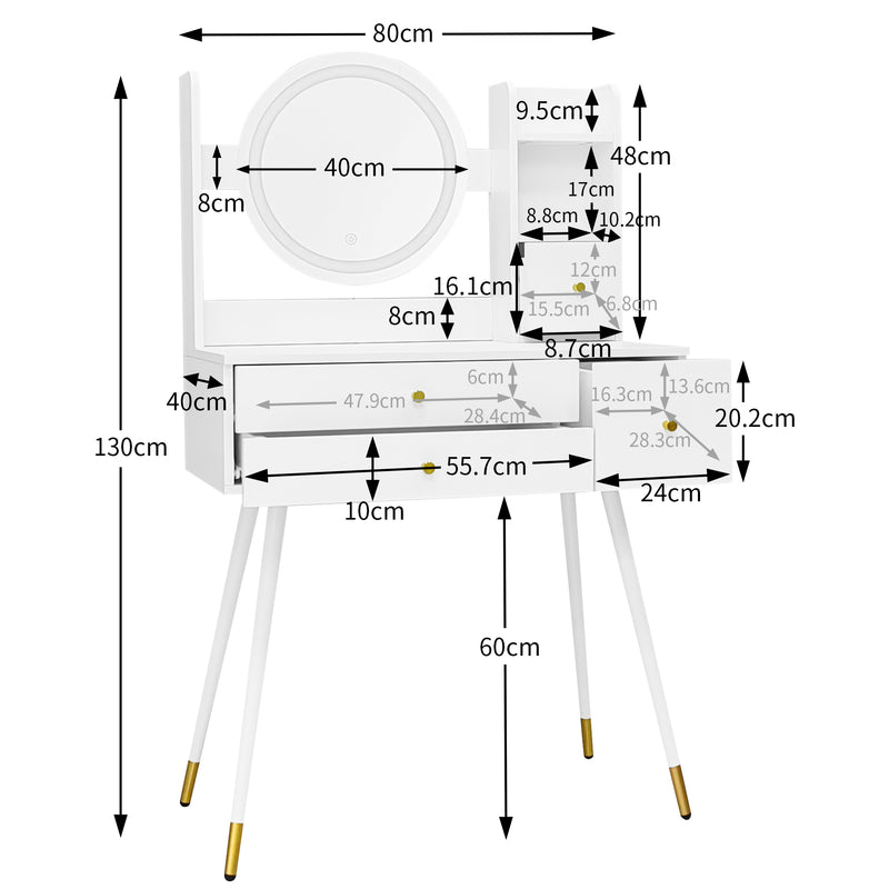 Coiffeuse blanche miroir LED luminosité réglable avec 3 tiroirs (sans chaises) GURKE