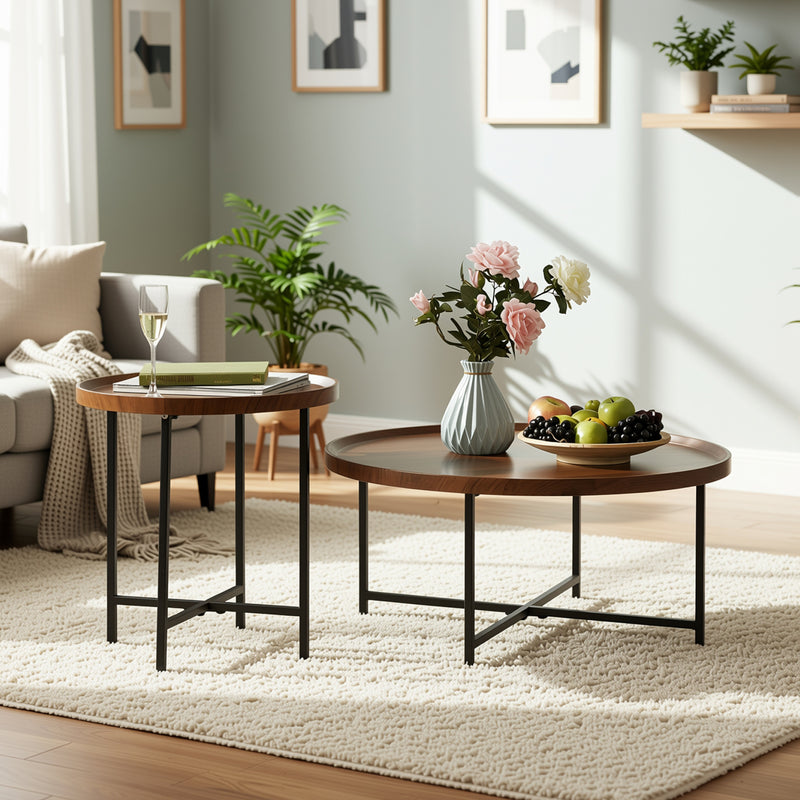 Ensemble tables basses gigognes rondes plateaux bois pieds en métal HEAL A