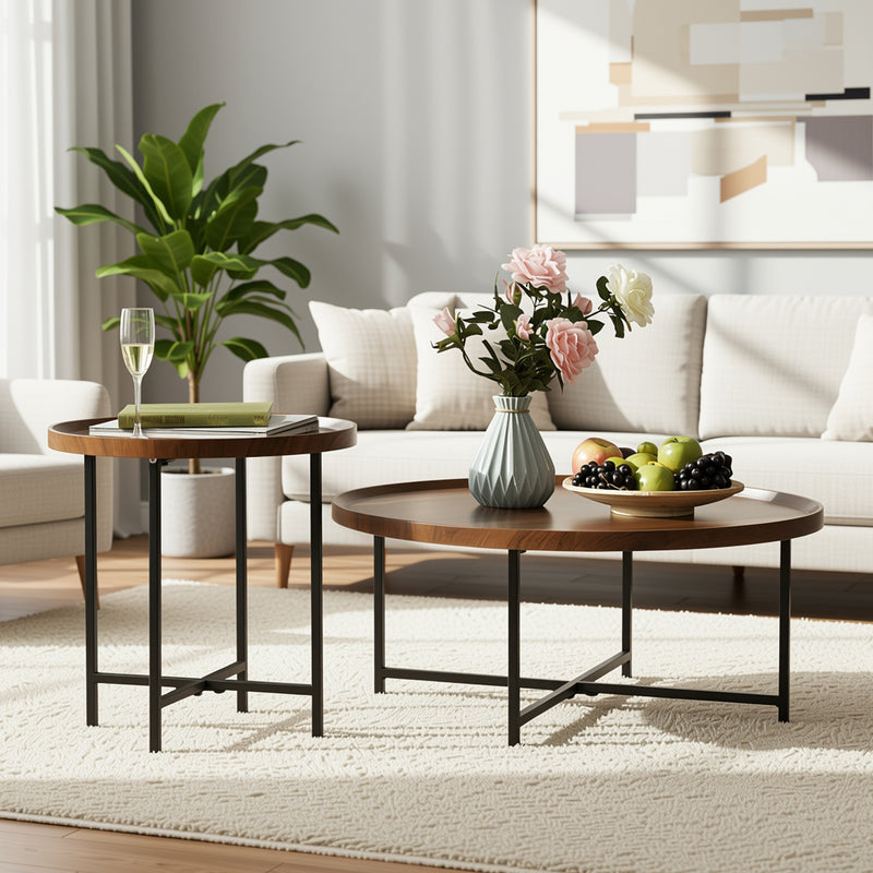 Ensemble tables basses gigognes rondes plateaux bois pieds en métal HEAL A