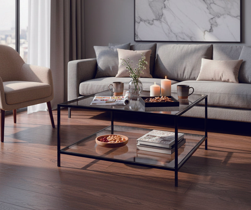 Wohnzimmer-Couchtisch aus Glas und schwarzem Metall HUDD LMKZ