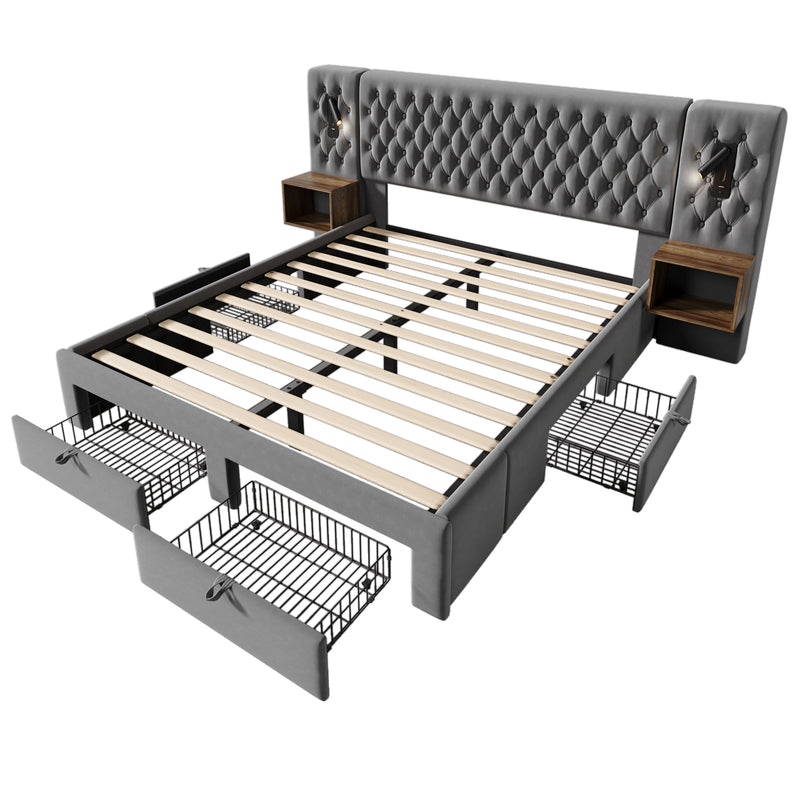 Ensemble de lit double velours gris king size 180x200cm avec 2 tables de chevet et lamps, 4 tiroirs et liseuses avec port de charge usb (matelas non inclus) HELIOSHEATH
