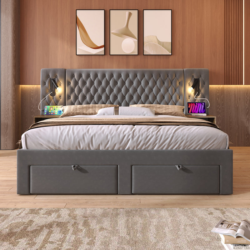 Ensemble de lit double velours gris king size 180x200cm avec 2 tables de chevet et lamps, 4 tiroirs et liseuses avec port de charge usb (matelas non inclus) HELIOSHEATH