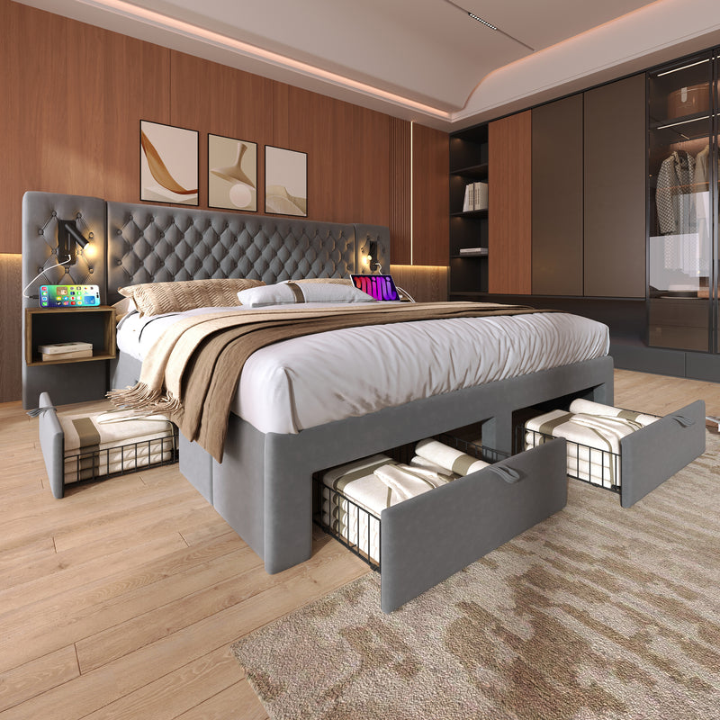 Ensemble de lit double velours gris king size 180x200cm avec 2 tables de chevet et lamps, 4 tiroirs et liseuses avec port de charge usb (matelas non inclus) HELIOSHEATH
