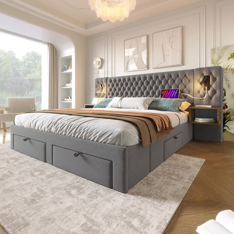 Ensemble de lit double velours gris king size 180x200cm avec 2 tables de chevet et lamps, 4 tiroirs et liseuses avec port de charge usb (matelas non inclus) HELIOSHEATH