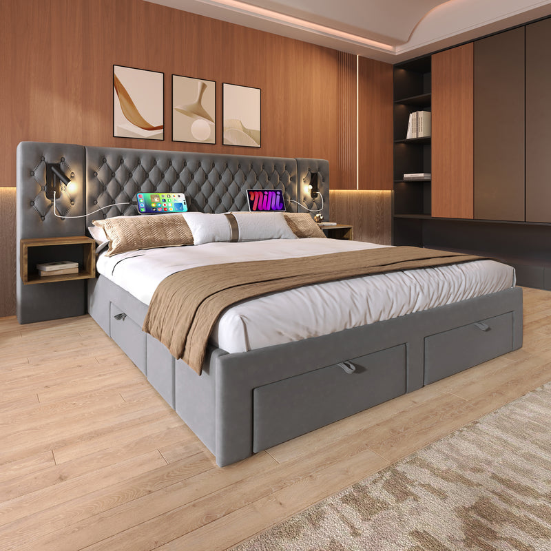 Ensemble de lit double velours gris king size 180x200cm avec 2 tables de chevet et lamps, 4 tiroirs et liseuses avec port de charge usb (matelas non inclus) HELIOSHEATH
