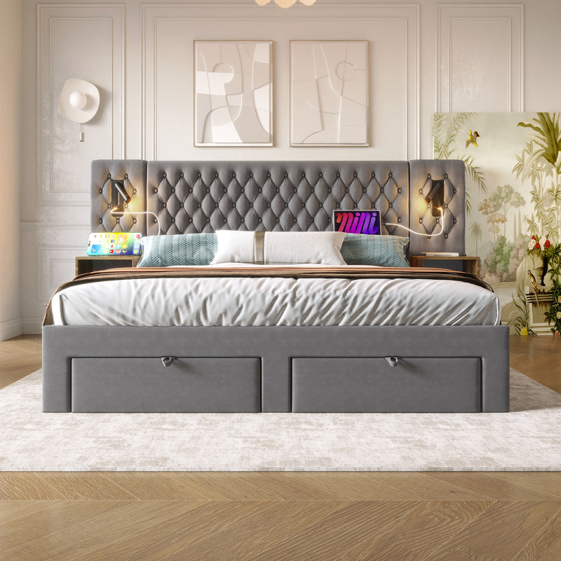 Ensemble de lit double velours gris king size 180x200cm avec 2 tables de chevet et lamps, 4 tiroirs et liseuses avec port de charge usb (matelas non inclus) HELIOSHEATH