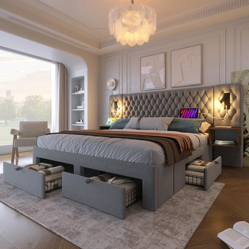 Ensemble de lit double velours gris king size 180x200cm avec 2 tables de chevet et lamps, 4 tiroirs et liseuses avec port de charge usb (matelas non inclus) HELIOSHEATH