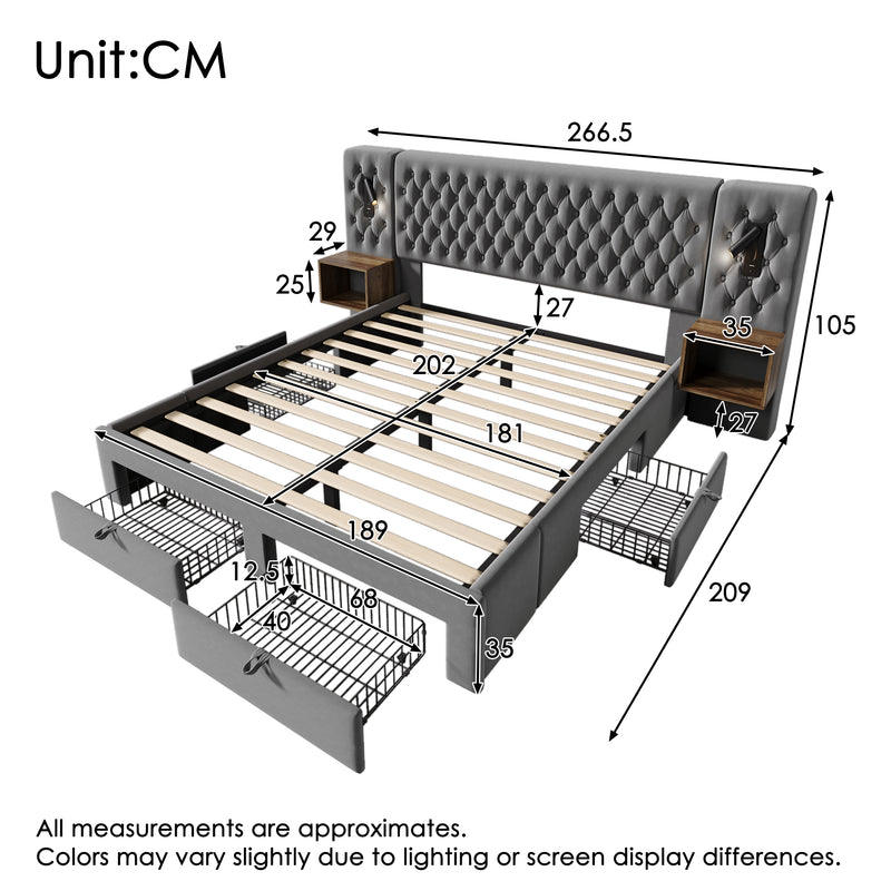 Ensemble de lit double velours gris king size 180x200cm avec 2 tables de chevet et lamps, 4 tiroirs et liseuses avec port de charge usb (matelas non inclus) HELIOSHEATH