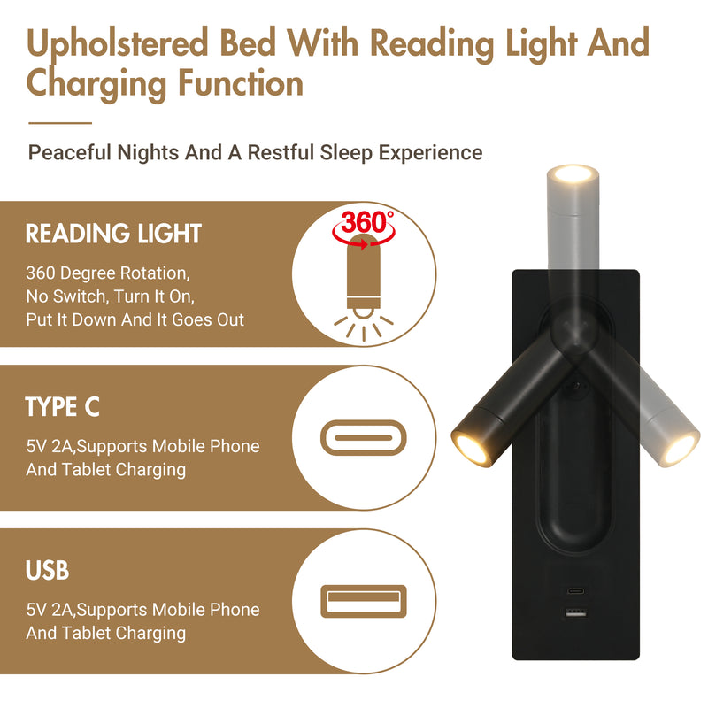 Ensemble de lit double velours gris king size 180x200cm avec 2 tables de chevet et lamps, 4 tiroirs et liseuses avec port de charge usb (matelas non inclus) HELIOSHEATH