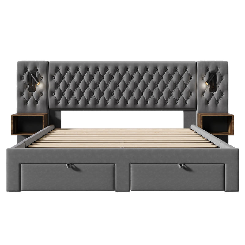 Ensemble de lit double velours gris king size 180x200cm avec 2 tables de chevet et lamps, 4 tiroirs et liseuses avec port de charge usb (matelas non inclus) HELIOSHEATH