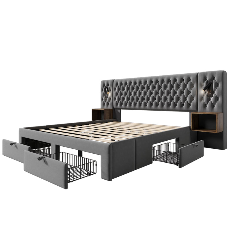 Ensemble de lit double velours gris king size 180x200cm avec 2 tables de chevet et lamps, 4 tiroirs et liseuses avec port de charge usb (matelas non inclus) HELIOSHEATH