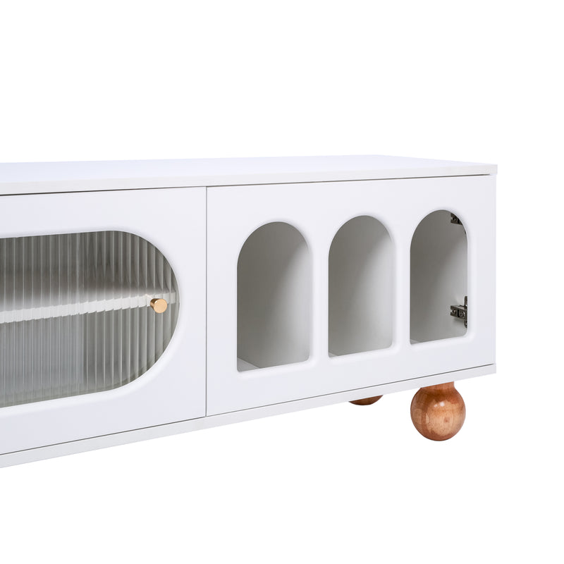 Meuble TV blanc avec porte en rotin poignées pieds dorées 170*47*37 cm HIGILL