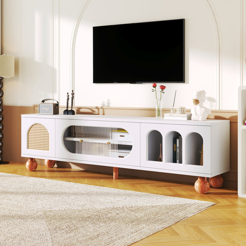 Meuble TV blanc avec porte en rotin poignées pieds dorées 170*47*37 cm HIGILL