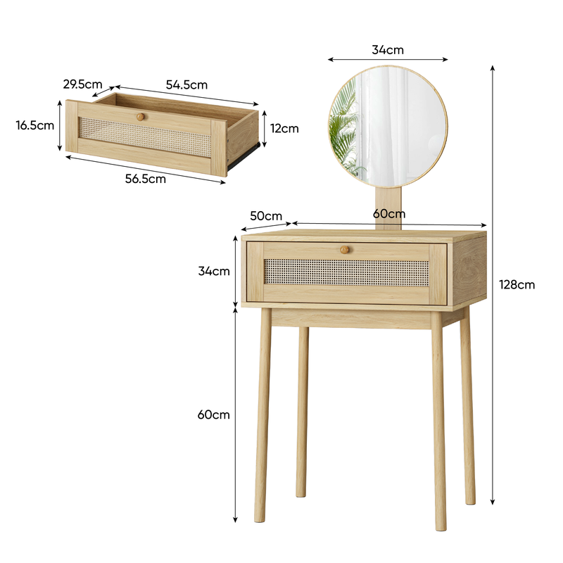 Coiffeuse bohème tiroir en rotin avec miroir (sans tabouret) 60*50*128cm HIZIED
