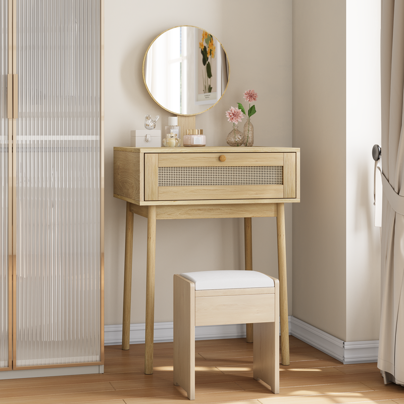 Coiffeuse bohème tiroir en rotin avec miroir (sans tabouret) 60*50*128cm HIZIED