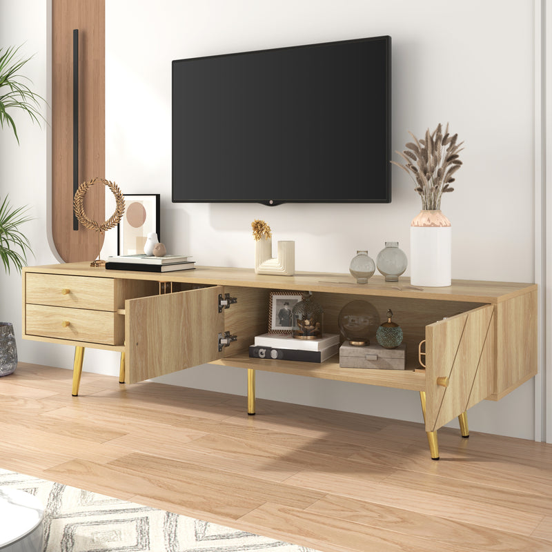 Meuble TV effet bois naturel portes rainurés, et accents dorés HUMUX