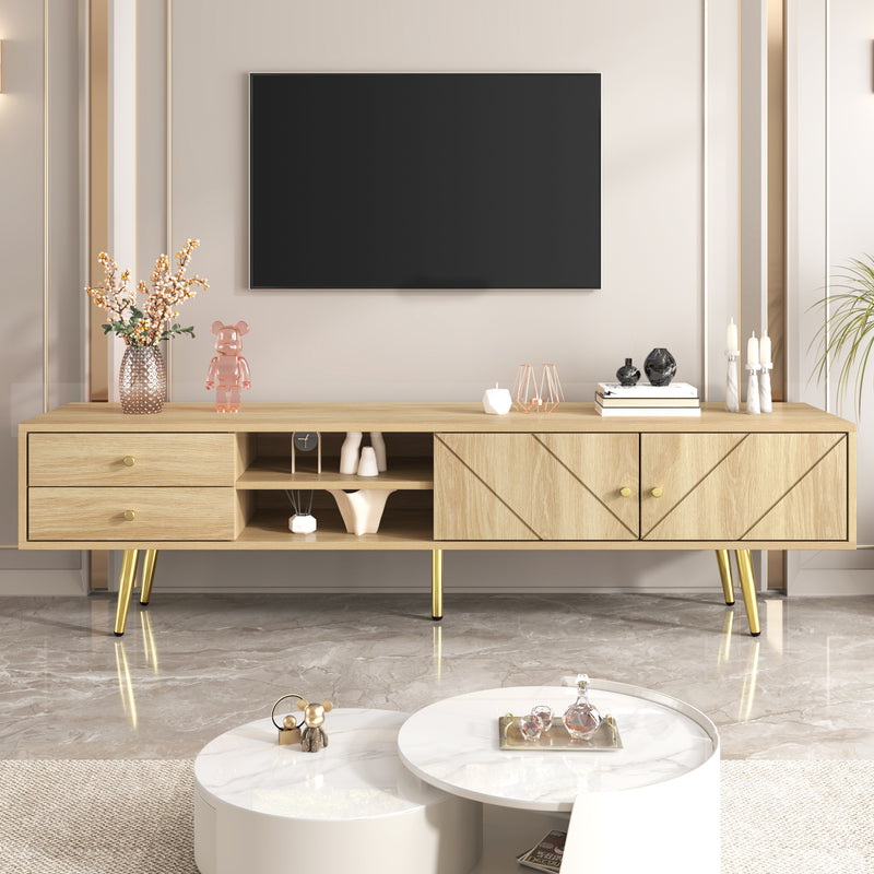 Meuble TV effet bois naturel portes rainurés, et accents dorés HUMUX