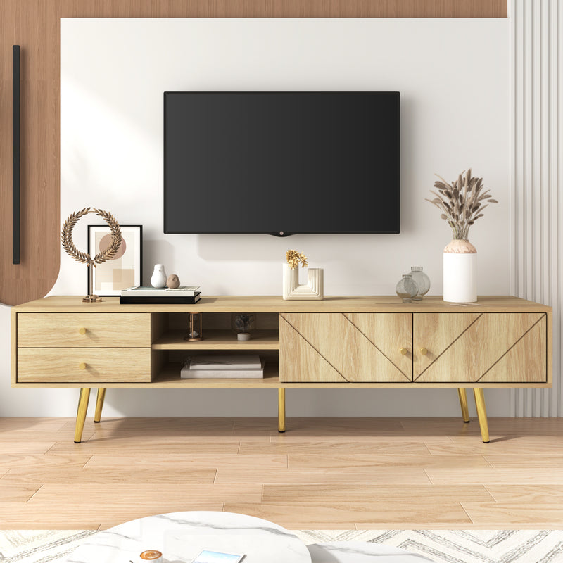 Meuble TV effet bois naturel portes rainurés, et accents dorés HUMUX