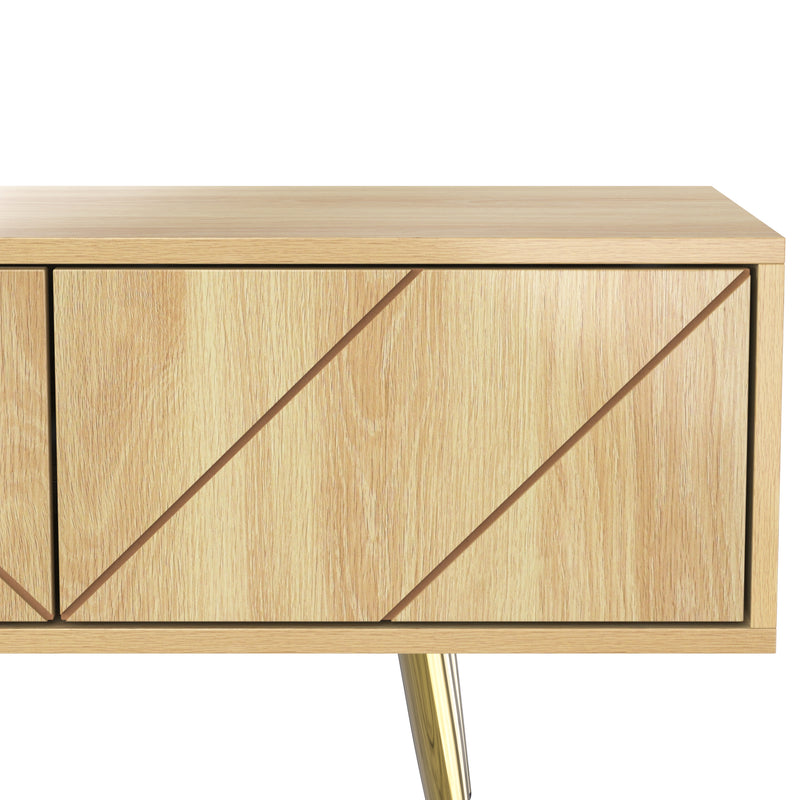 Meuble TV effet bois naturel portes rainurés, et accents dorés HUMUX