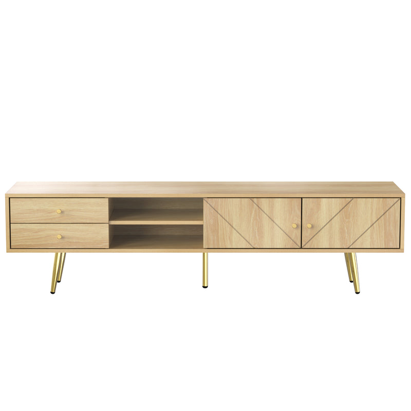 Meuble TV effet bois naturel portes rainurés, et accents dorés HUMUX