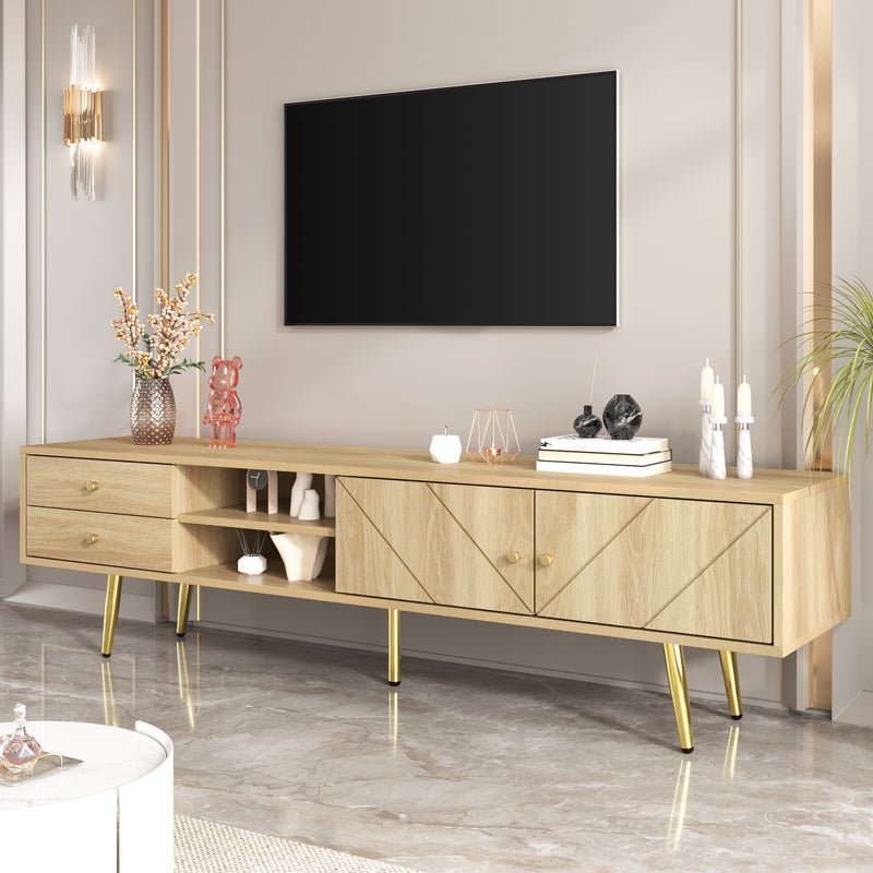 Meuble TV effet bois naturel portes rainurés, et accents dorés HUMUX