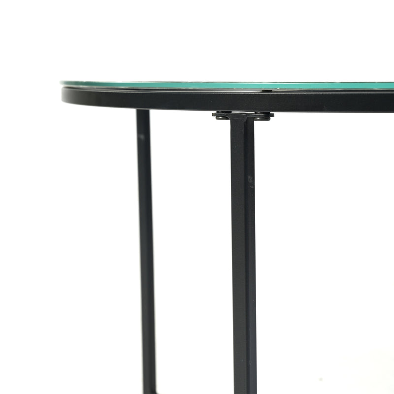 Table basse ronde en verre effet marbre vert blanc et métal noir mat INMA GREEN MARBLE