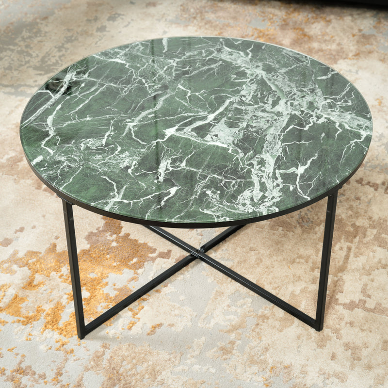 Table basse ronde en verre effet marbre vert blanc et métal noir mat INMA GREEN MARBLE