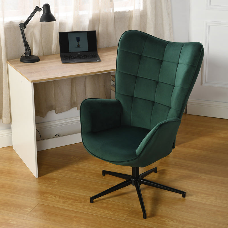 Sillón de oficina escandinavo con reposabrazos, giratorio 360 grados, en terciopelo verde, patas de metal negro - IRIS