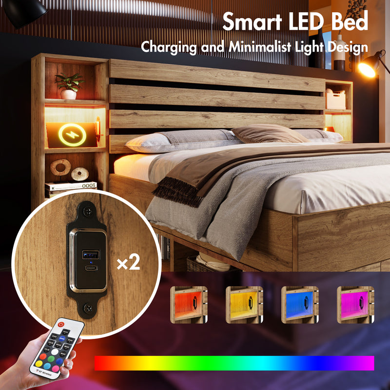 Lit coffre double en bois massif chêne avec éclairage LED étagères et tiroirs rangement prise USB C 180×200cm (sans matelas) IESSAES KING