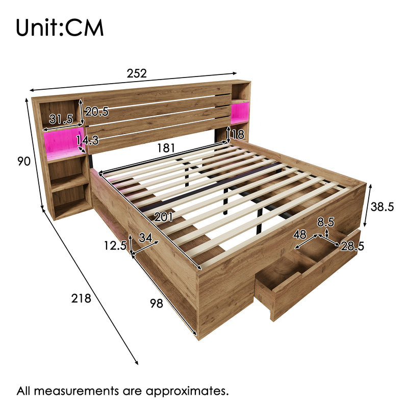 Lit coffre double en bois massif chêne avec éclairage LED étagères et tiroirs rangement prise USB C 180×200cm (sans matelas) IESSAES KING