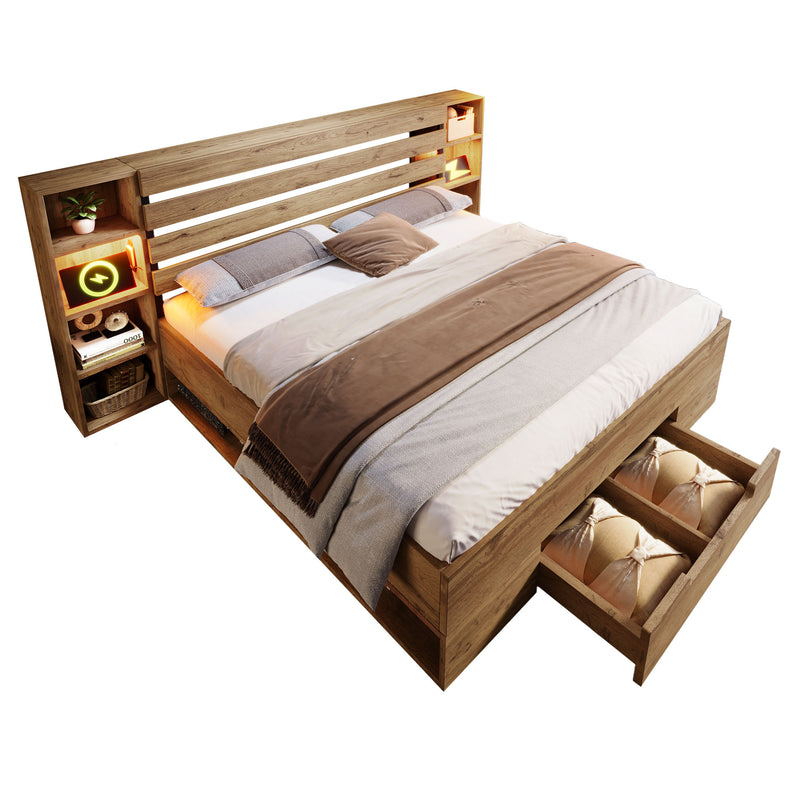 Lit coffre double en bois massif chêne avec éclairage LED étagères et tiroirs rangement prise USB C 180×200cm (sans matelas) IESSAES KING