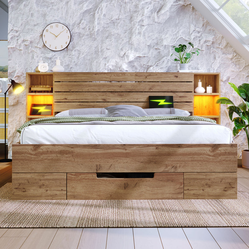 Lit coffre double en bois massif chêne avec éclairage LED étagères et tiroirs rangement prise USB C 180×200cm (sans matelas) IESSAES KING