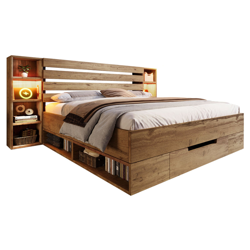 Lit coffre double en bois massif chêne avec éclairage LED étagères et tiroirs rangement prise USB C 180×200cm (sans matelas) IESSAES KING