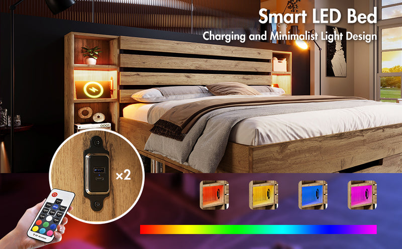 Lit coffre double en bois massif chêne avec éclairage LED étagères et tiroirs rangement prise USB C 180×200cm (sans matelas) IESSAES KING