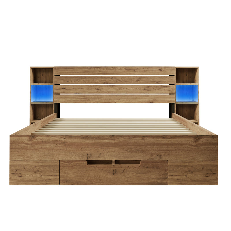 Lit coffre double en bois massif chêne avec éclairage LED étagères et tiroirs rangement prise USB C 180×200cm (sans matelas) IESSAES KING