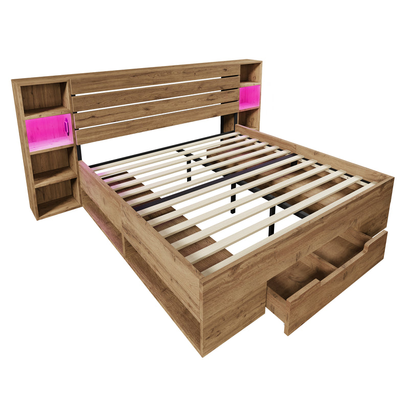 Lit coffre double en bois massif chêne avec éclairage LED étagères et tiroirs rangement prise USB C 180×200cm (sans matelas) IESSAES KING