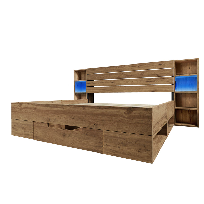 Lit coffre double en bois massif chêne avec éclairage LED étagères et tiroirs rangement prise USB C 180×200cm (sans matelas) IESSAES KING