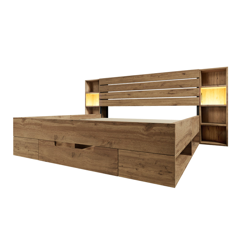 Lit coffre double en bois massif chêne avec éclairage LED étagères et tiroirs rangement prise USB C 160×200cm (sans matelas) IESSAES QUEEN