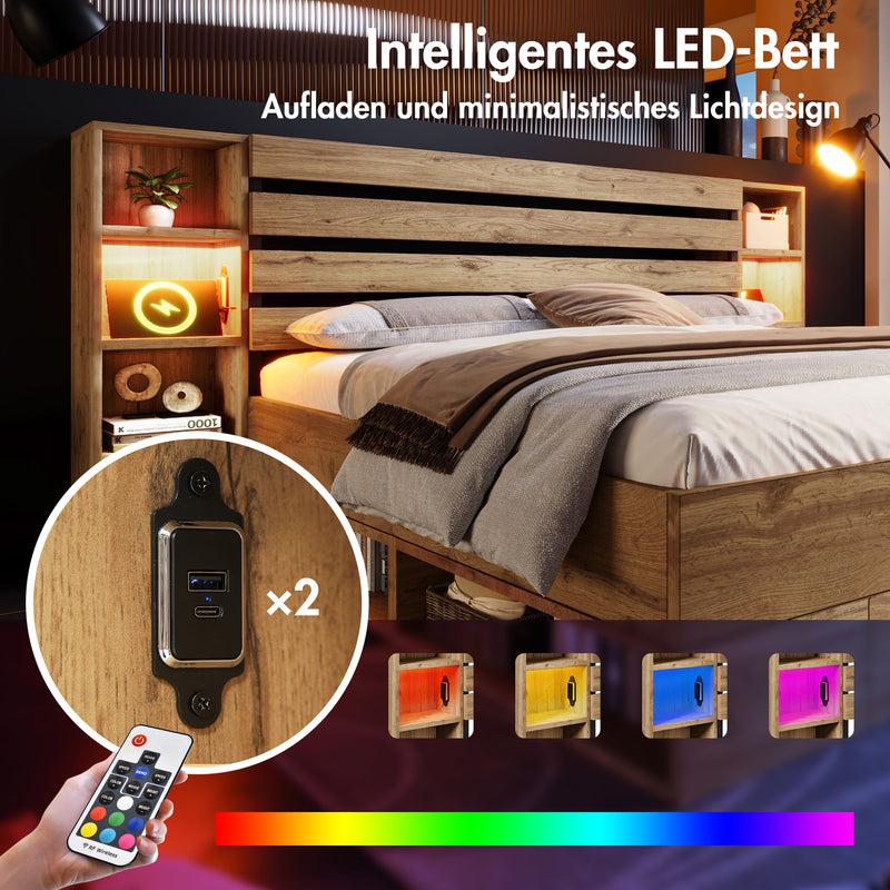 Lit coffre double en bois massif chêne avec éclairage LED étagères et tiroirs rangement prise USB C 160×200cm (sans matelas) IESSAES QUEEN