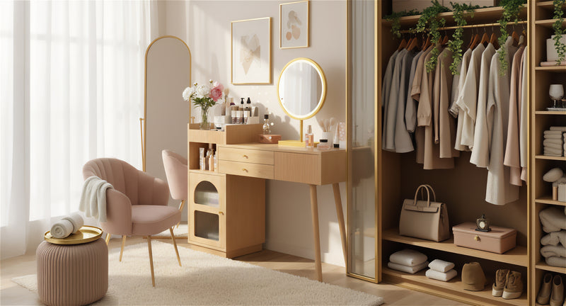 Coiffeuse moderne effet bois avec un miroir LED d&